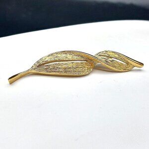 Vintage Monet Gold-Tone Textured Leaf Brooch Pin 3.5" X 1" Elegant & Timeless